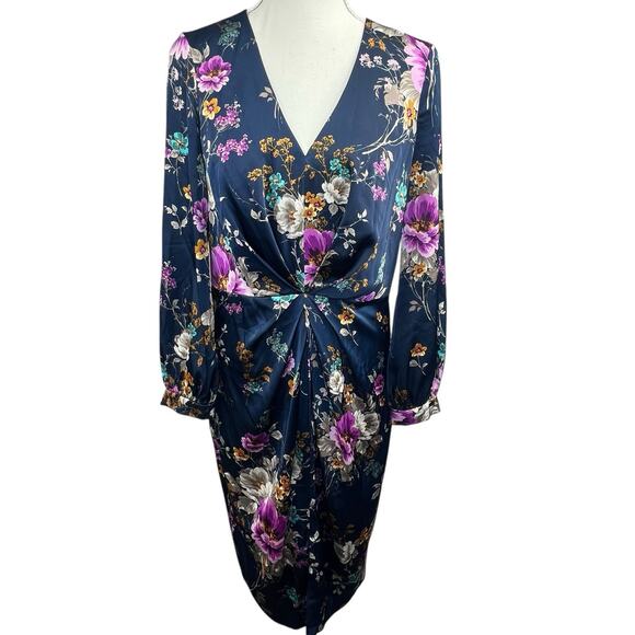 Maggy London Petite Women's Navy Blue Floral Satin Dress 10P Ruched Waist - Picture 1 of 14